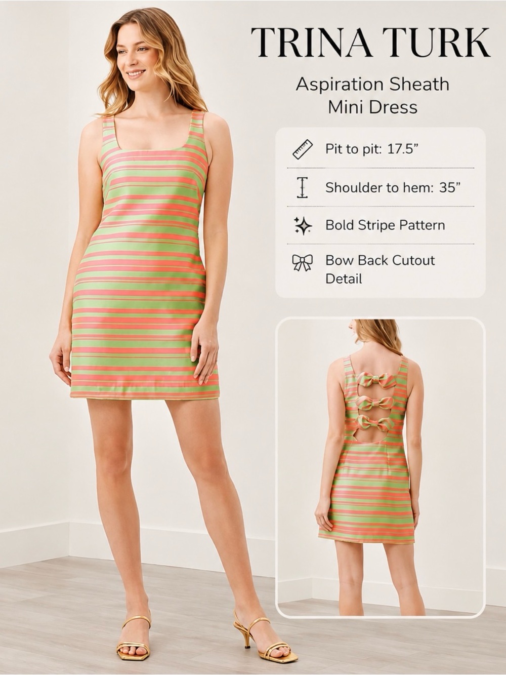 99 Trina Turk Aspiration Sheath Coral Green Striped Bow Back Mini Dress Small